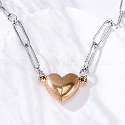 304 Stainless Steel Double-Sided Magnetic Heart Pendant Paperclip Chain Necklaces&nbsp;NJEW-U028-02RG