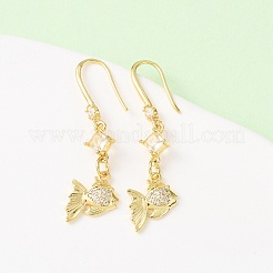 Brass Micro Pave Clear Cubic Zirconia Fish Dangle Earrings&nbsp;EJEW-A149-02G
