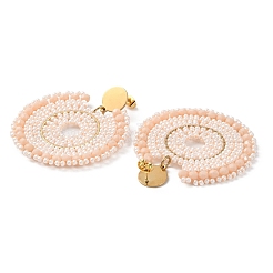 Woven Glass & Brass Beaded Flat Round Dangle Stud Earrings with PVD Vacuum Plating 304 Stainless Steel Pins&nbsp;EJEW-A105-01G