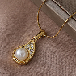 304 Stainless Steel with Imitation Pearl and Clear Glass Teardrop Pendant Necklaces&nbsp;EB8017