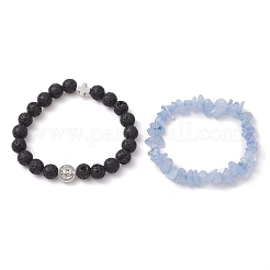 2Pcs 2 Styles Natural Lava Rock & Mixed Gemstone Chips Stretch Bracelets Set&nbsp;BJEW-JB10179