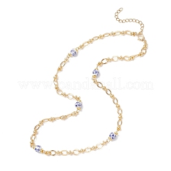 Printed Porcelain Round Blue and White Bead & Brass Oval Link Chain Necklaces for Women&nbsp;NJEW-JN05588