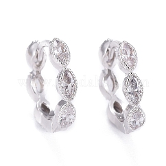 Brass Micro Pave Cubic Zirconia Huggie Hoop Earrings, Long-Lasting Plated, Horse Eye, Clear, Real Platinum Plated, 13.5x15.5x3mm, Pin: 0.8mm