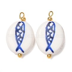 Handmade Porcelain Pendants, with Brass Findings, Blue and White Porcelain, Oval with Fish Charms, Royal Blue, Real 18K Gold Plated, 26x15x6mm, Hole: 3mm