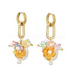Natural Nucleated Baroque Keshi Pearl & Brass & 202 Stainless Steel & Glass Hoop Dangle Earrings&nbsp;EJEW-JE07262