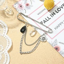 Faceted Teardrop & Alloy Flower Charm Safety Pin Brooch&nbsp;JEWB-BR00110
