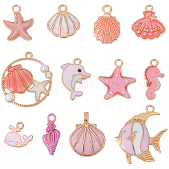 48Pcs 12 Styles Pink Color Ocean Theme Alloy Enamel Pendants&nbsp;ENAM-SC0007-48
