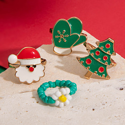 Christmas Theme Santa Claus & Christmas Tree & Glove Alloy Enamel & Flower Glass Seed Beaded Finger Rings Sets&nbsp;FS-WGEF6A6-01