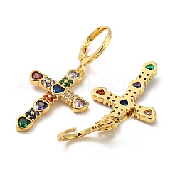Cross Real 18K Gold Plated Brass Dangle Leverback Earrings&nbsp;EJEW-A033-01G-03
