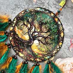 Tree of Life Resin & Acrylic & Woven Net/Web with Feather Hanging Ornaments&nbsp;HJEW-A013-02