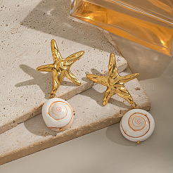 304 Stainless Steel Starfish with Shell Shape Dangle Stud Earrings&nbsp;JP3021
