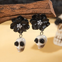 Flower with Skull Acrylic & Plastic Pearl Dangle Stud Earrings&nbsp;FS-WG9B583-01