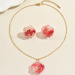 Iridescent Resin Rose Pendant Necklace & Stud Earrings Set for Women&nbsp;NZ6589