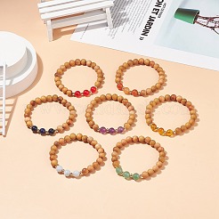 7Pcs 7 Style Natural Wood & Mixed Gemstone Round Beaded Stretch Bracelets Set&nbsp;BJEW-JB08813