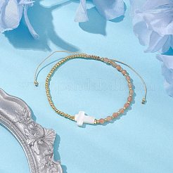 3mm Round Faceted Natural Sunstone & Seed Beads Braided Bead Bracelets&nbsp;BJEW-JB10594-02