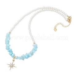Alloy Crystal Rhinestone Star Pendant Natural White Jade Chip and Round White Glass Pearl Beaded Necklaces&nbsp;NJEW-JN05696-02