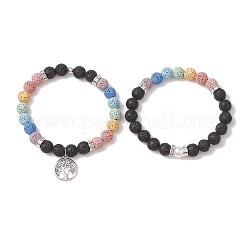2pcs 2 Styles 8mm Round Dyed Natural Lava Rock & Shell Pearl Beaded Stretch Bracelet Sets&nbsp;BJEW-JB10318