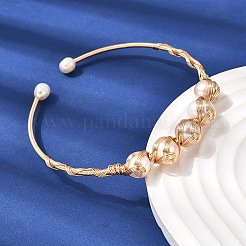 Brass Wire Wrapped Natural  Pearl Cuff Bangles for Women&nbsp;BJEW-D453-06G