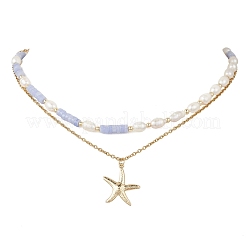 Synthetic Blue Lace Agate Heishi Beads and Rice Natural Pearl Beaded Double Layer 304 Stainless Steel Starfish Pendant Necklaces&nbsp;NJEW-JN05847-01