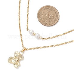 Alloy Bear and White Round Pendant 304 Stainless Steel Cable Chain Double Layer Necklaces for Women&nbsp;NJEW-JN05758-01