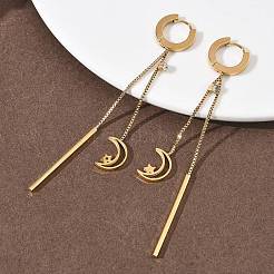 304 Stainless Steel Crystal Rhinestone Moon with Star Tassel Hoop Earrings&nbsp;EJEW-G453-03G