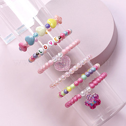 6Pcs Plastic Round Beaded Stretch Bracelet & Charm Bracelet Set for Kid&nbsp;FS-WG9931D-01