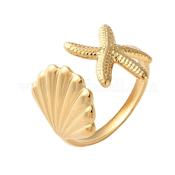 304 Stainless Steel Starfish & Shell Open Cuff Rings for Women&nbsp;RJEW-C095-09G