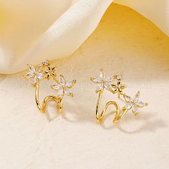 Elegant Flower Brass Clear Cubic Zirconia Geometric Stud Earrings for Women&nbsp;MO8139