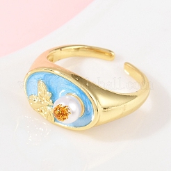 Brass Sky Blue Enamel Flower Cuff Rings&nbsp;RJEW-C139-17B-G