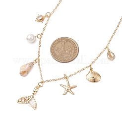 Summer Beach Brass Clear Cubic Zirconia & Shell Pearl & Spiral Shell Bib Necklaces&nbsp;NJEW-TA00182
