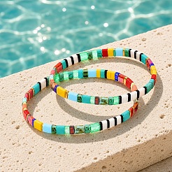 Glass Rectangle Tile Beaded Stretch Bracelet Sets with Synthetic Non-magnetic Hematite for Women&nbsp;VR2839