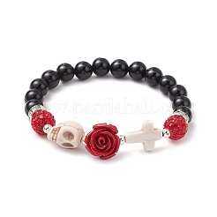 Halloween Dyed & Heated Natural Black Onyx & Synthetic Turquoise Beaded Stretch Bracelets for Women&nbsp;BJEW-TA00665