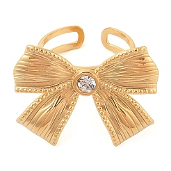304 Stainless Steel Rhinestone Bowknot Open Cuff Rings for Women&nbsp;RJEW-Z051-04G