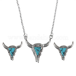 Western Cowboy Style Synthetic Turquoise Cattle Head Pendant Necklaces & Stud Earrings Sets for Women&nbsp;FS-WG063A3-03