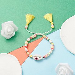 Natual Shell with Evil Eye & Pearl Braided Bead Bracelet&nbsp;BJEW-TA00049-01