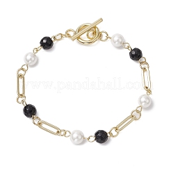Shell Pearl Beads & Black Stone Link Bracelets&nbsp;BJEW-JB11270