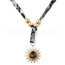 304 Stainless Steel with Natural Tiger Eye Sun Pendant Leopard Print Polyester Cord Necklaces for Women&nbsp;NJEW-A063-06G