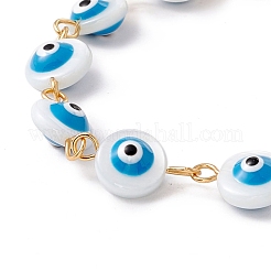 Natural Shell Flat Round with Evil Eye Link Chain Bracelet with Enamel&nbsp;BJEW-C015-21G