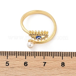 Evil Eye Brass Micro Pave Clear Cubic Zirconia Open Cuff Rings for Women. with ABS Plastic Imitation Pearl and Enamel&nbsp;RJEW-G343-20G