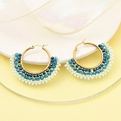 304 Stainless Steel & Bohemian Beaded Fan Hoop Earrings for Women&nbsp;EJEW-R001-01G-01
