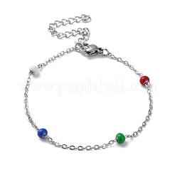 304 Stainless Steel Cable Chain Bracelet with Enamel Rondelle Beaded&nbsp;BJEW-G683-02P-01