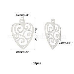 50Pcs Original Color Heart with Floral Pattern 304 Stainless Steel Slice Pendants&nbsp;STAS-UN0021-52P