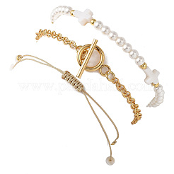 3Pcs 3 Styles Shell Pearl Beaded Stretch Bracelets & Brass Rolo Chains Bracelets & Natural Cultured Freshwater Pearl Beaded Braided Bead Bracelets for Women&nbsp;BJEW-JB12786