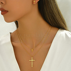 201 Stainless Steel Rhinestones Double-layer Cross Pendant Necklace & Stud Earrings Set for Women&nbsp;LY3624