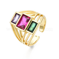 Colorful Cubic Zirconia Triple Rectangle Open Cuff Ring&nbsp;RJEW-N037-013-02LG
