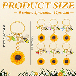 12Pcs 6 Colors Sunflower Resin & Transparent Acrylic & Alloy Enamel Bee Keychains&nbsp;KEYC-MA00008