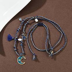 304 Stainless Steel Blue Enamel Moon Pendant Cotton Cord Adjustable Necklaces&nbsp;NJEW-C093-04G