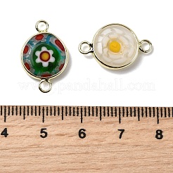 Handmade Millefiori Lampwork Flat Round Connector Charms&nbsp;LAMP-D002-02B-G
