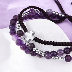 Adjustable Natural Amethyst & Hematite Braided Bead Bracelets&nbsp;BJEW-U035-01C