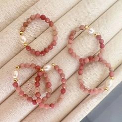 Brass & Natural Freshwater Pearl & Natural Rhodonite Beaded Stretch Rings&nbsp;WGB1DEC-02